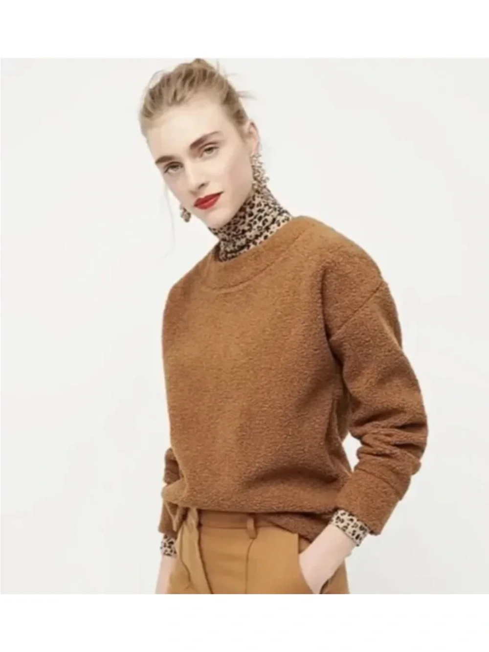 J Crew Sz XXS Teddy Cropped Soft Feel Sherpa Pullover Autumn Sweatshirt Tan